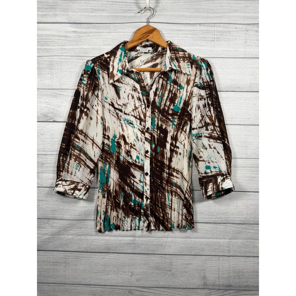 Dressbarn Women's Medium Brown Teal Abstract Pleated Button Front Blouse 4448